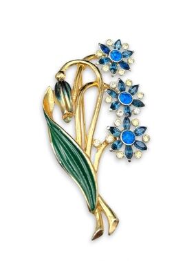 Vintage Large Hallmarked Coro Rhinestone & Enamel Flower Brooch